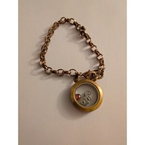 Origami Owl Gold Tone Floating Charm Locket Bracelet Heart Initial S Paw Print